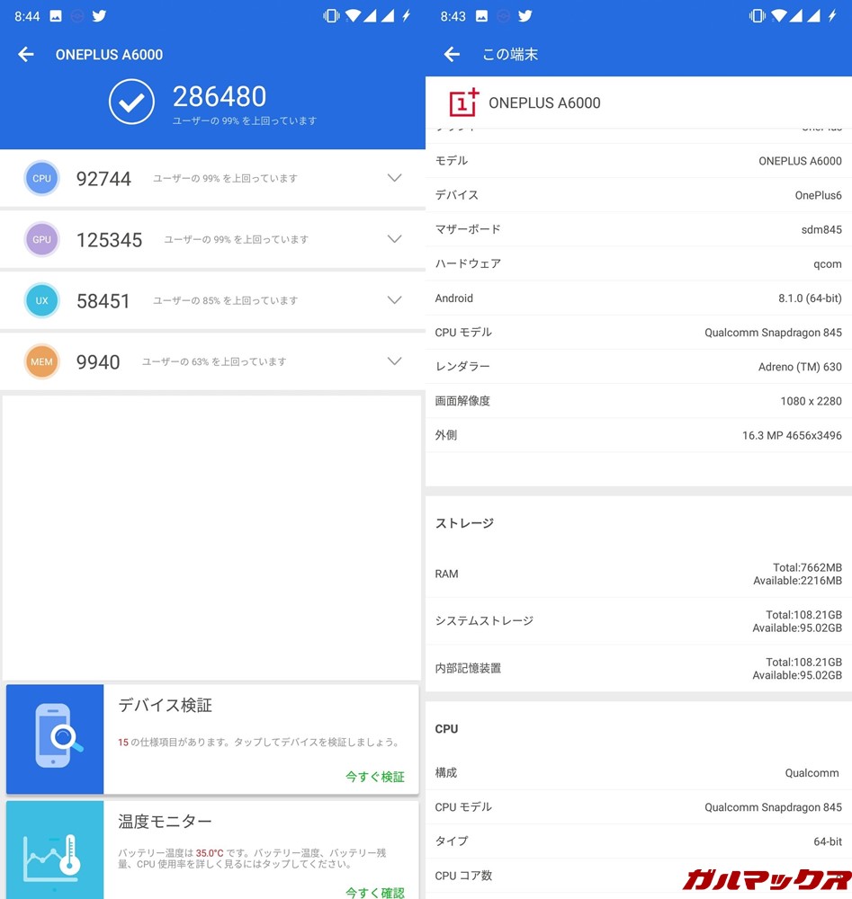 OnePlus 6/RAM 8GB（Android 8.1.1）実機AnTuTuベンチマークスコアは総合が286480点、3D性能が125345点。