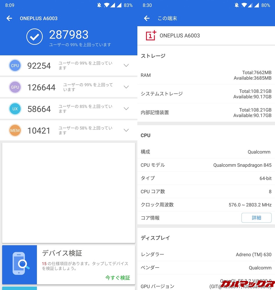 OnePlus 6/RAM 8GB（Android 8.1.0）実機AnTuTuベンチマークスコアは総合が287983点、3D性能が126644点。