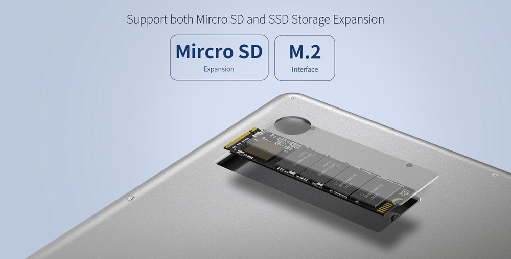 Teclast F7 Plusは体感速度の早いSSDを採用。底面にスロットがあるので換装も非常に簡単です。