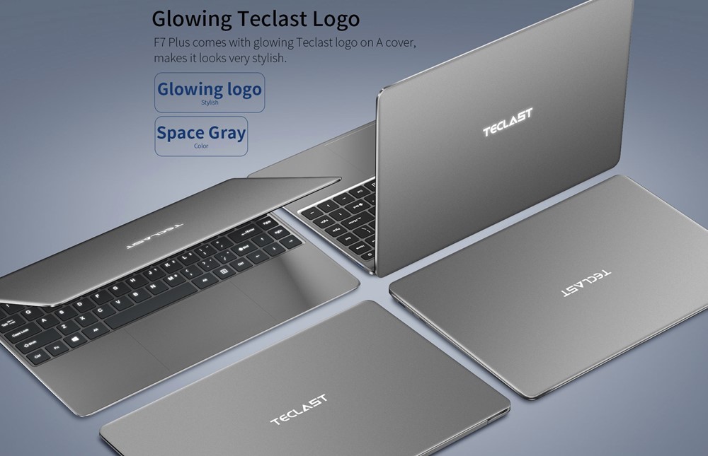 Teclast F7 Plusはフルメタルボディーを搭載。背面ロゴも淡くかっこよく光ります。