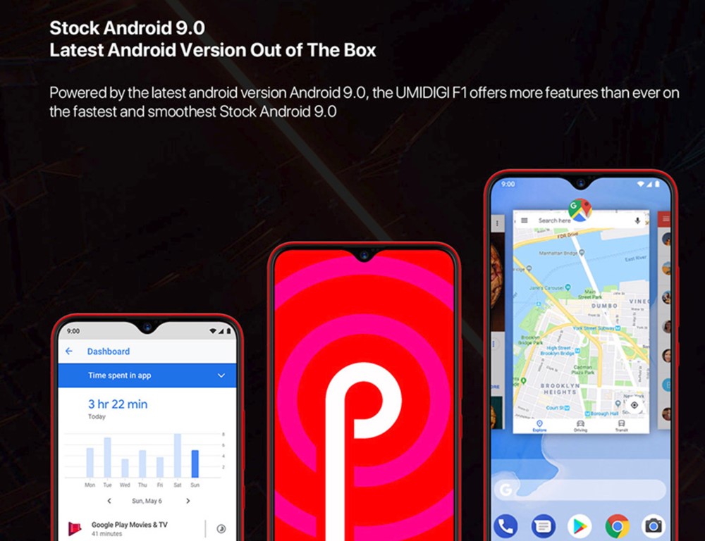 UMIDIGI F1はAndroid 9を初期搭載。