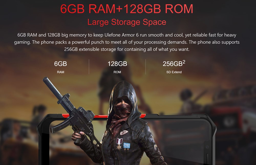 Ulefone Armor 6はメモリ6GB/容量128GBでハイエンド並に大容量です。