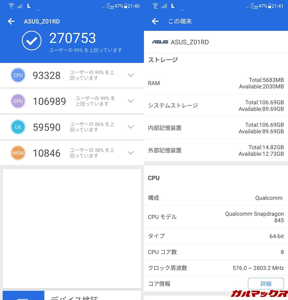 Zenfone 5Z（Android 8.0.0）実機AnTuTuベンチマークスコアは総合が270753点、3D性能が106989点。