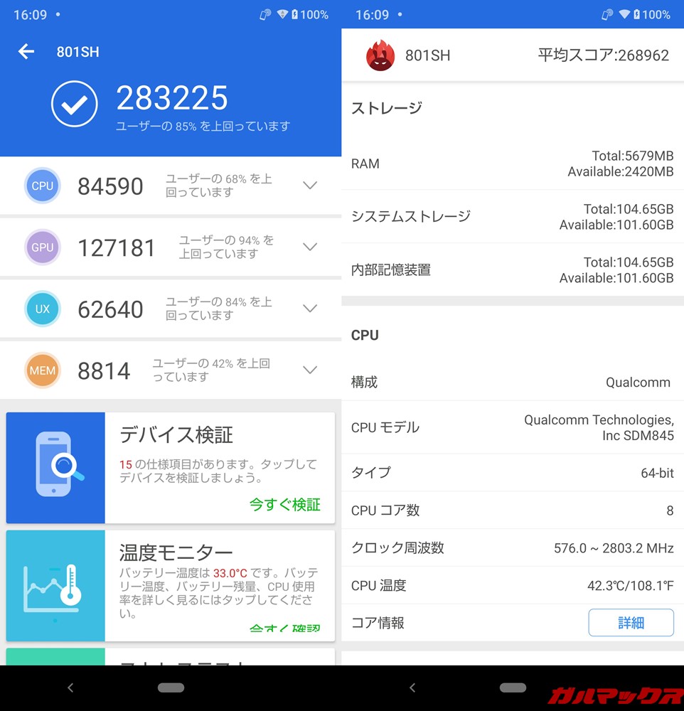 AQUOS zeroの実機AnTuTuスコアは総合スコアが283225点!3Dスコアが127181点!