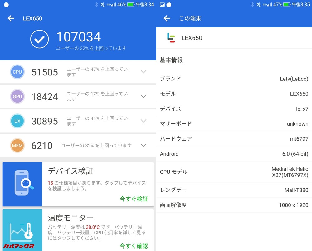 LeEco Le Pro 3 AI Edition(Android 6.1)実機AnTuTuベンチマークスコアは総合が107034点、3D性能が18424点。
