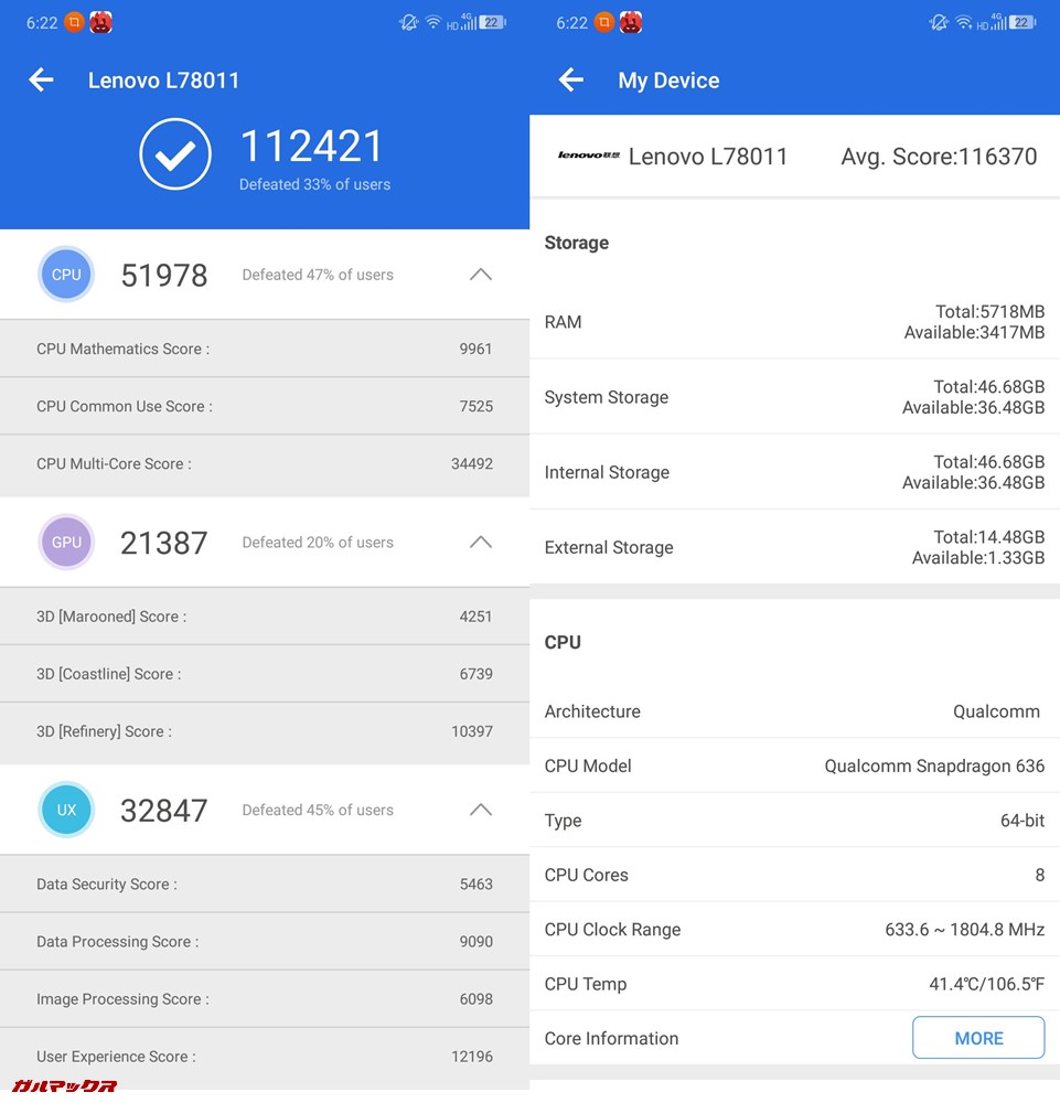 Lenovo Z5（Android 8.1）実機AnTuTuベンチマークスコアは総合が112421点、3D性能が21387点。