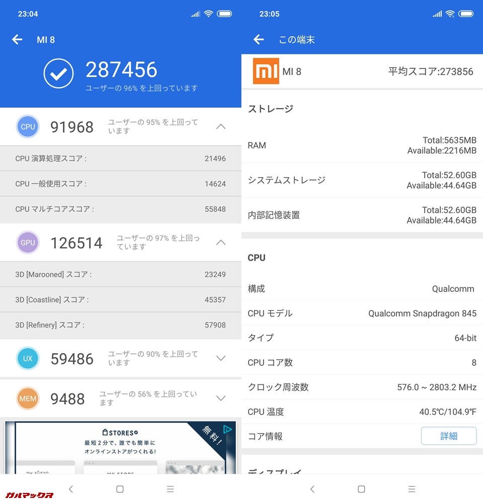 Xiaomi Mi 8/RAM6GB(Android 8.1)実機AnTuTuベンチマークスコアは総合が287456点、3D性能が126514点。