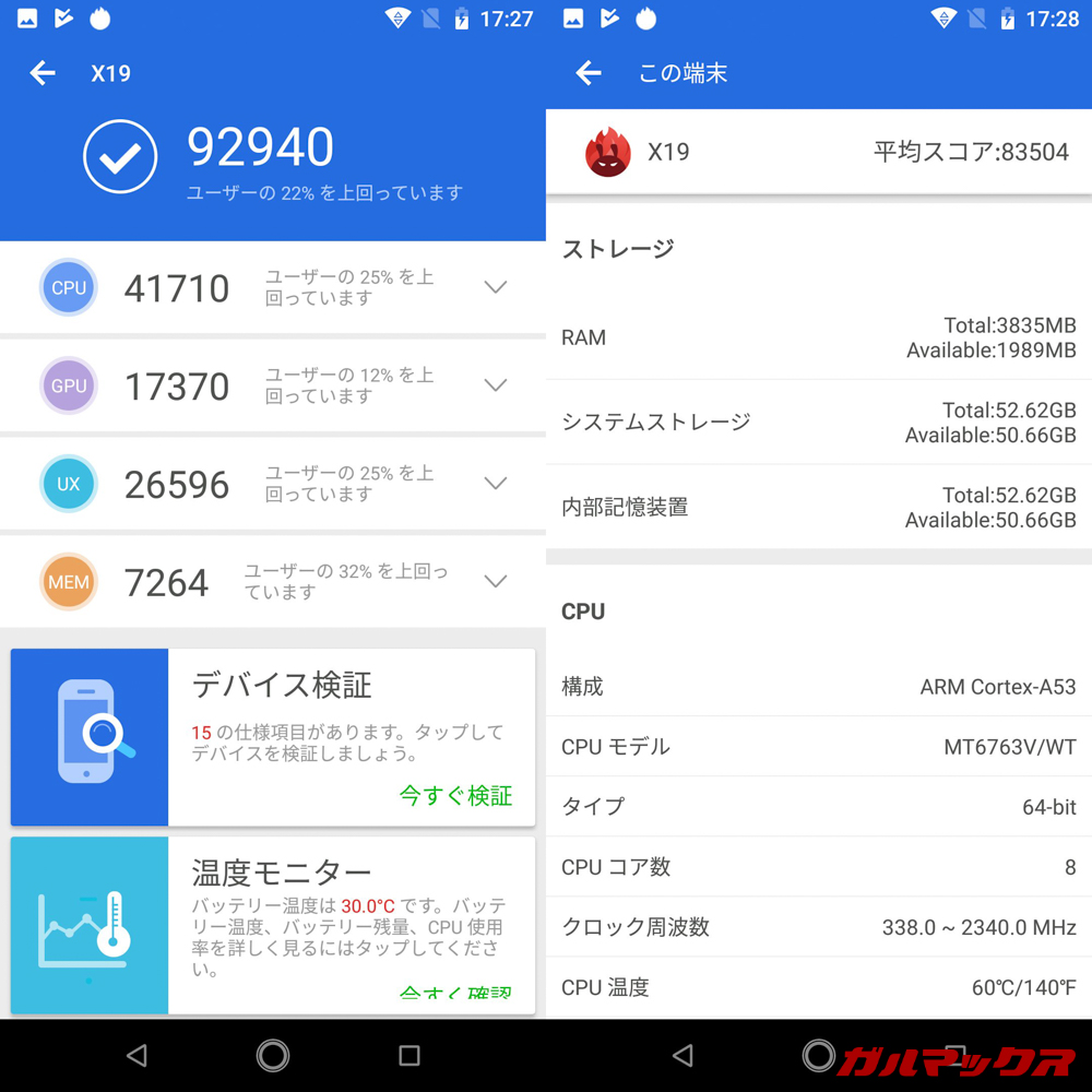 CUBOT X19実機AnTuTuベンチマークスコアは総合が92940点、3D性能が17370点。