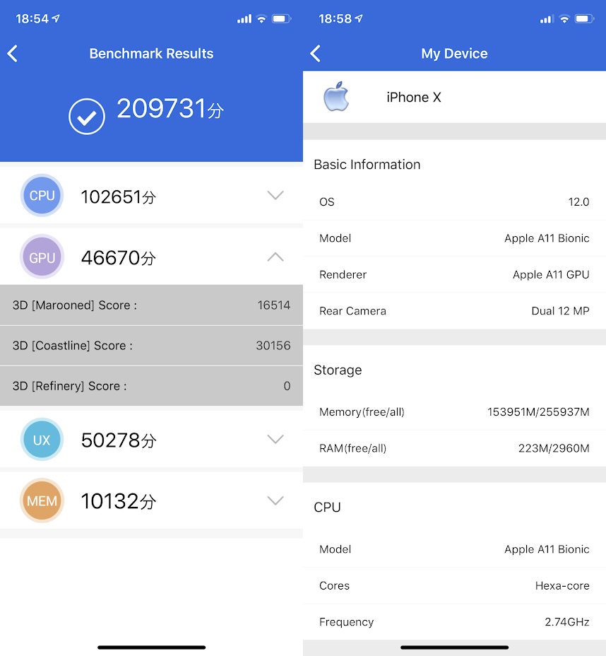iPhone X（iOS 12）実機AnTuTuベンチマークスコアは総合が209731点、3D性能が46670点。