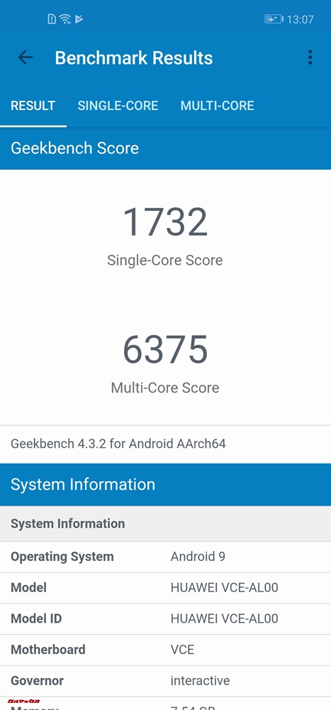 Huawei nova 4のGeekbench 4スコアはシングルコア性能が1732点、マルチコア性能が6375点でした。