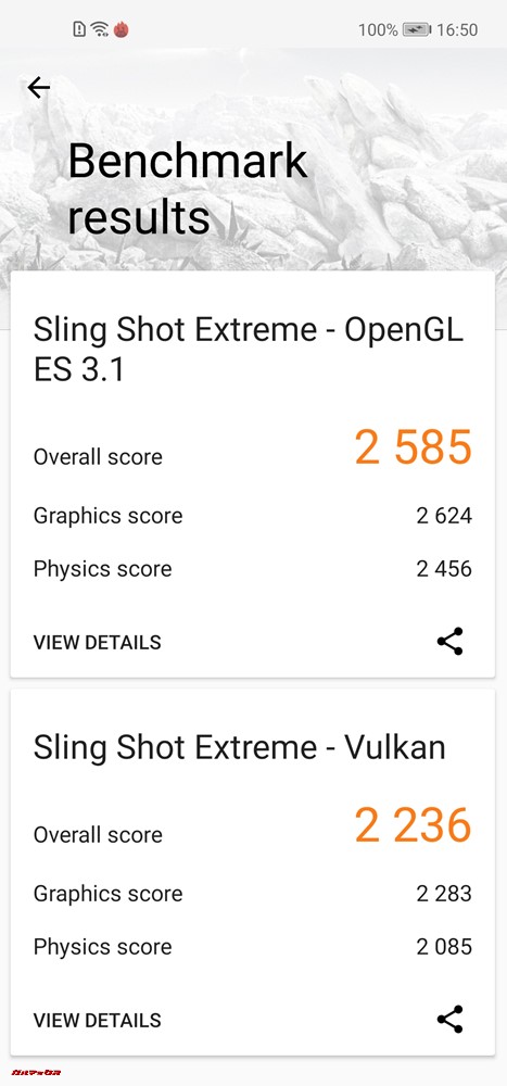 Huawei nova 4の3DMarkスコアはOpenGL ES 3.1が2585点、Vulkanが2236点でした。
