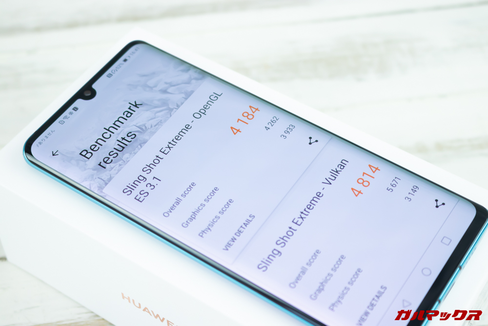 HUAWEI P30 Proの実機3DMarkスコアはOpen GL ES 3.1が4184点、Vulkanが4814点。