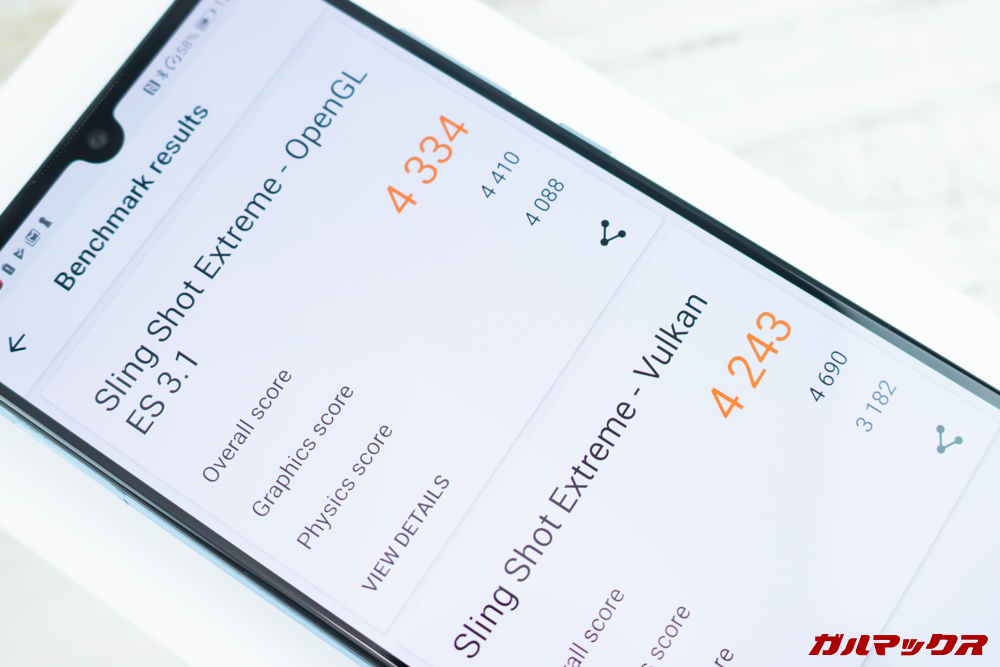 HUAWEI P30の実機3DMarkのスコアはOpenGL ES 3.1が4334点、Vulkanが4243点。