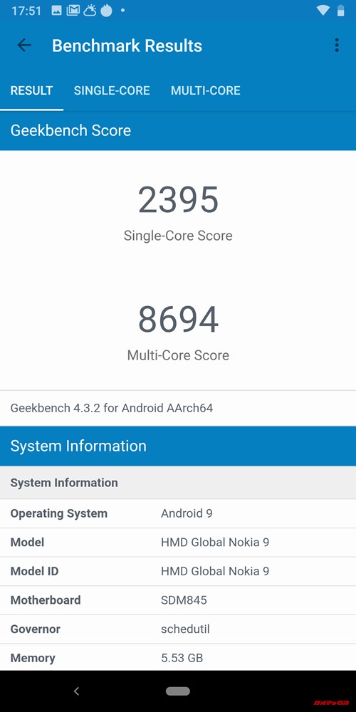 Nokia 9 PureViewのGeekbench 4スコアはシングルコア性能が2395点、マルチコア性能が8694点。