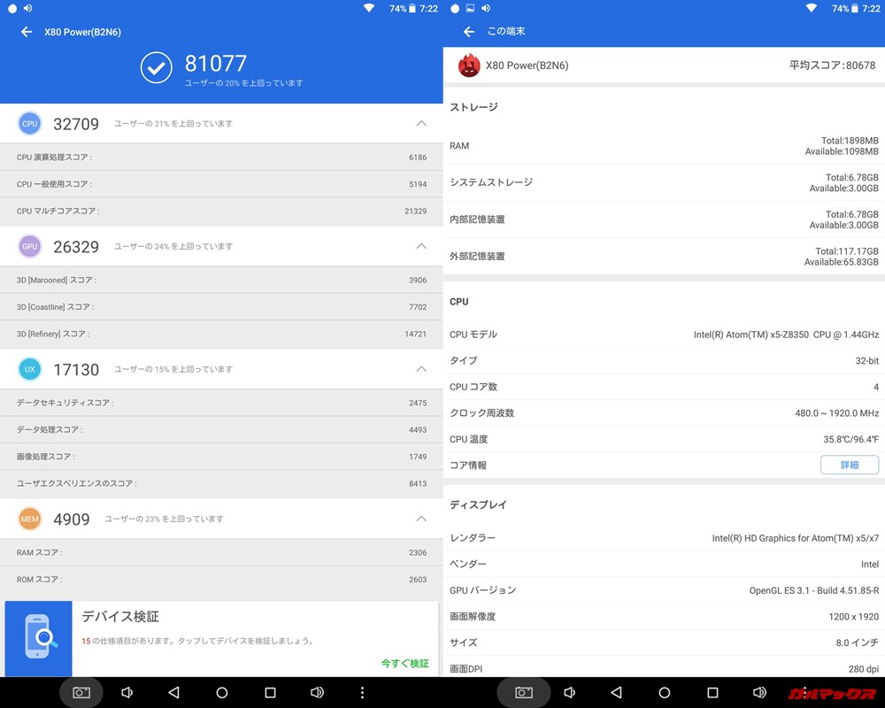 Teclast X80 Power(Android 5.1)実機AnTuTuベンチマークスコアは総合が81077点、3D性能が26329点。