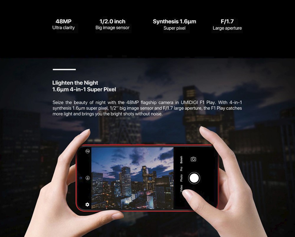 UMIDIGI F1 Playは夜間撮影でもノイズの少ない写真を撮影出来るとしています。