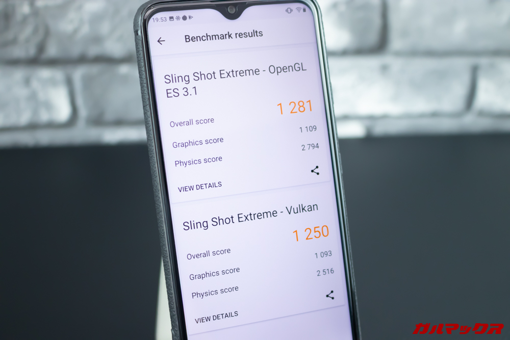 UMIDIGI S3 Proの3DMarkのスコアはOpenGL ES 3.1が1281点、Vulkanが1250点。