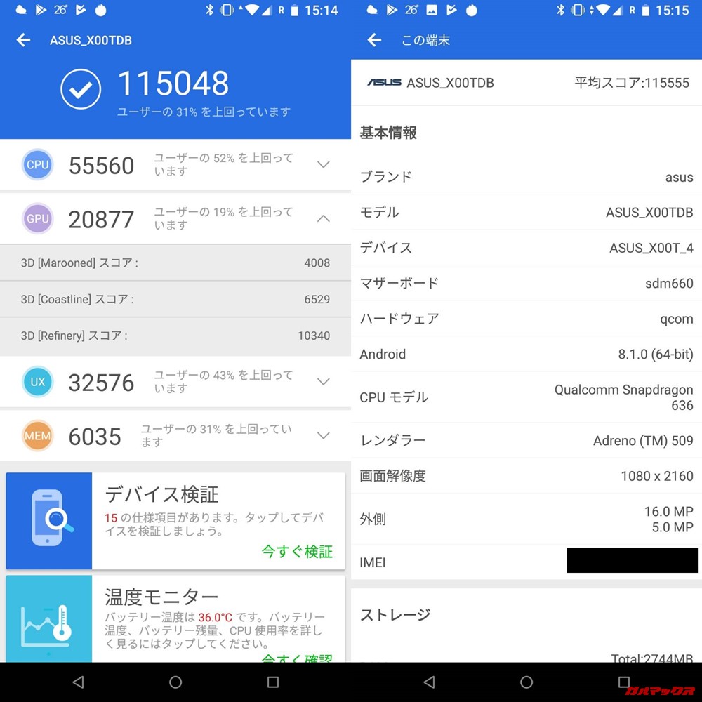 ZenFone Max Pro/ZB602KL（Android 8.1）実機AnTuTuベンチマークスコアは総合が115048点、3D性能が20877点。