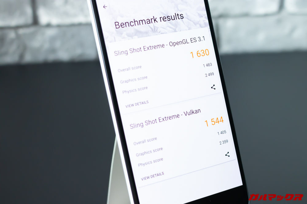 Google Pixel 3a XLのスコアはOpen GL ES 3.1が1630点、Vulkanが1554点。