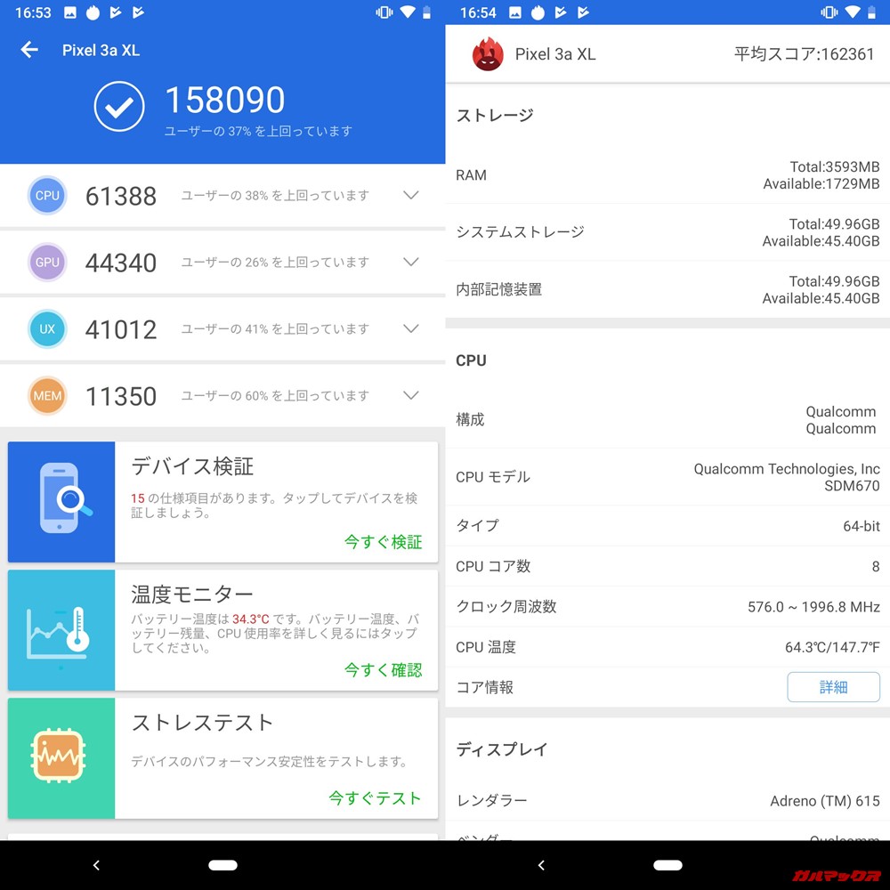 Google Pixel 3a XL（Android 9）実機AnTuTuベンチマークスコアは総合が158090点、3D性能が44340点。