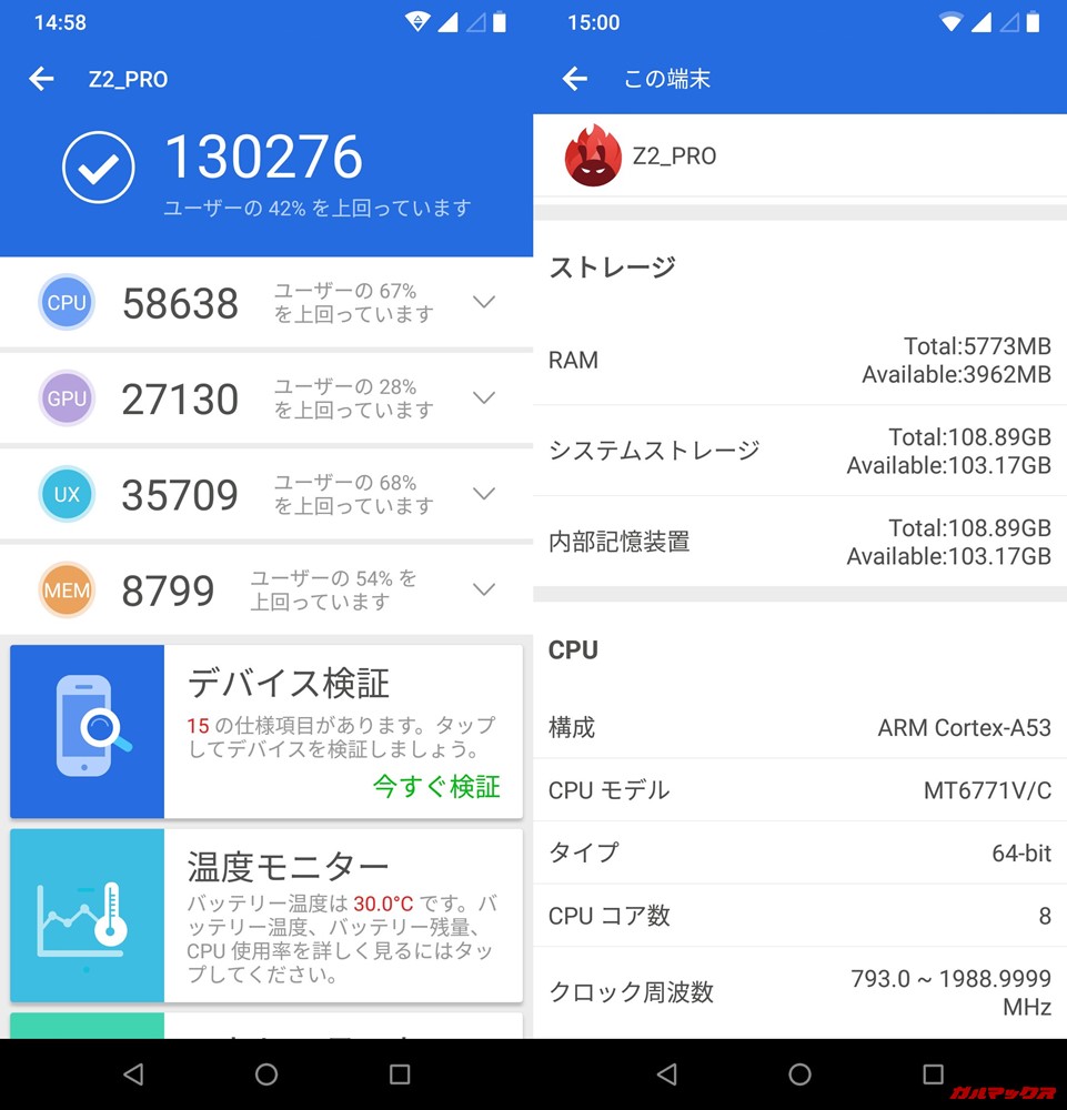 UMIDIGI Z2 Pro（Helio P60）実機AnTuTuベンチマークスコアは総合が130276点、3D性能が27130点。