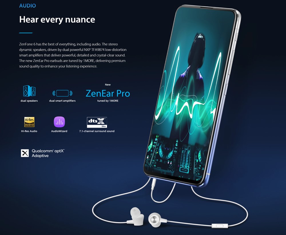 ZenFone 6はデュアルスピーカーやイヤホンジャック、ハイレゾなどサウンド関連の仕様も充実