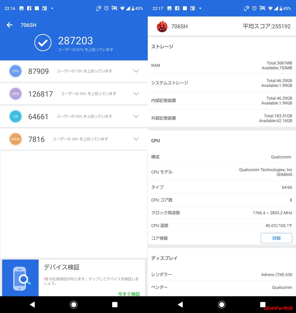 AQUOS R2（Android 9）実機AnTuTuベンチマークスコアは総合が287203点、3D性能が126817点。