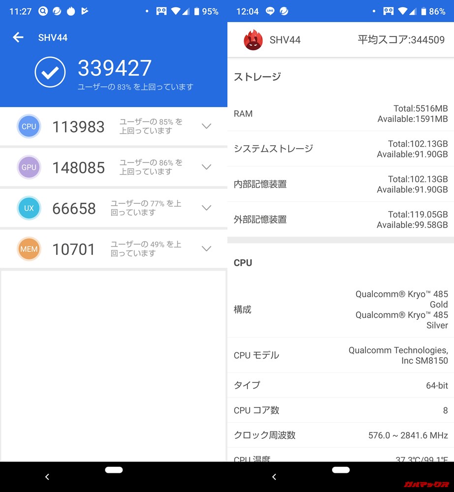 AQUOS R3（Android 9）実機AnTuTuベンチマークスコアは総合が339427点、3D性能が148085点。