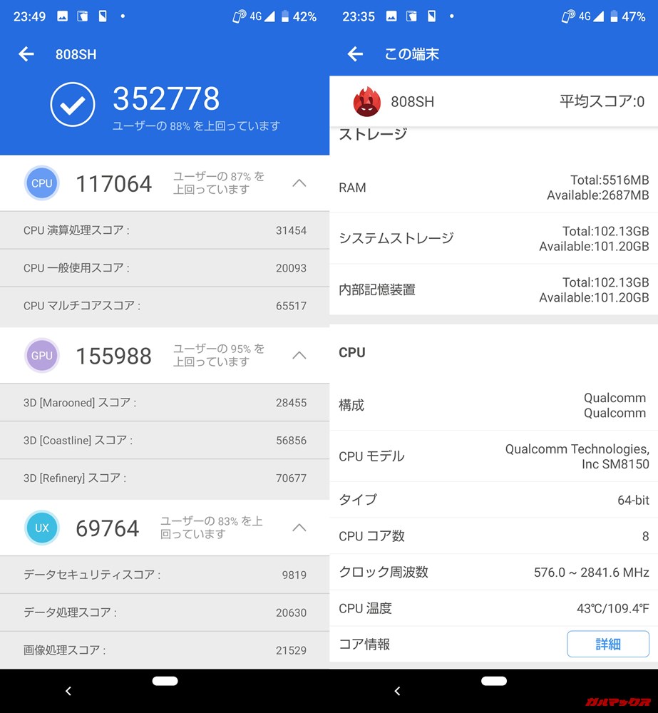 AQUOS R3実機AnTuTuベンチマークスコアは総合が352778点、3D性能が155988点。