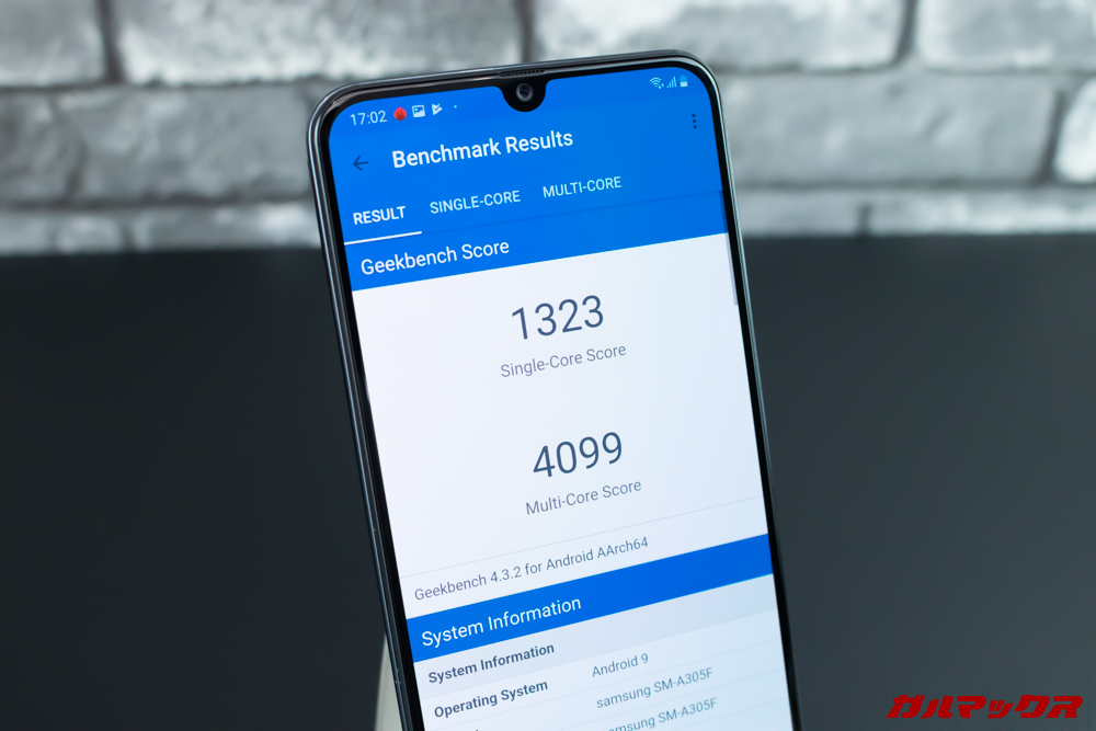 シングルコア性能が1323点、マルチコア性能が4099点。