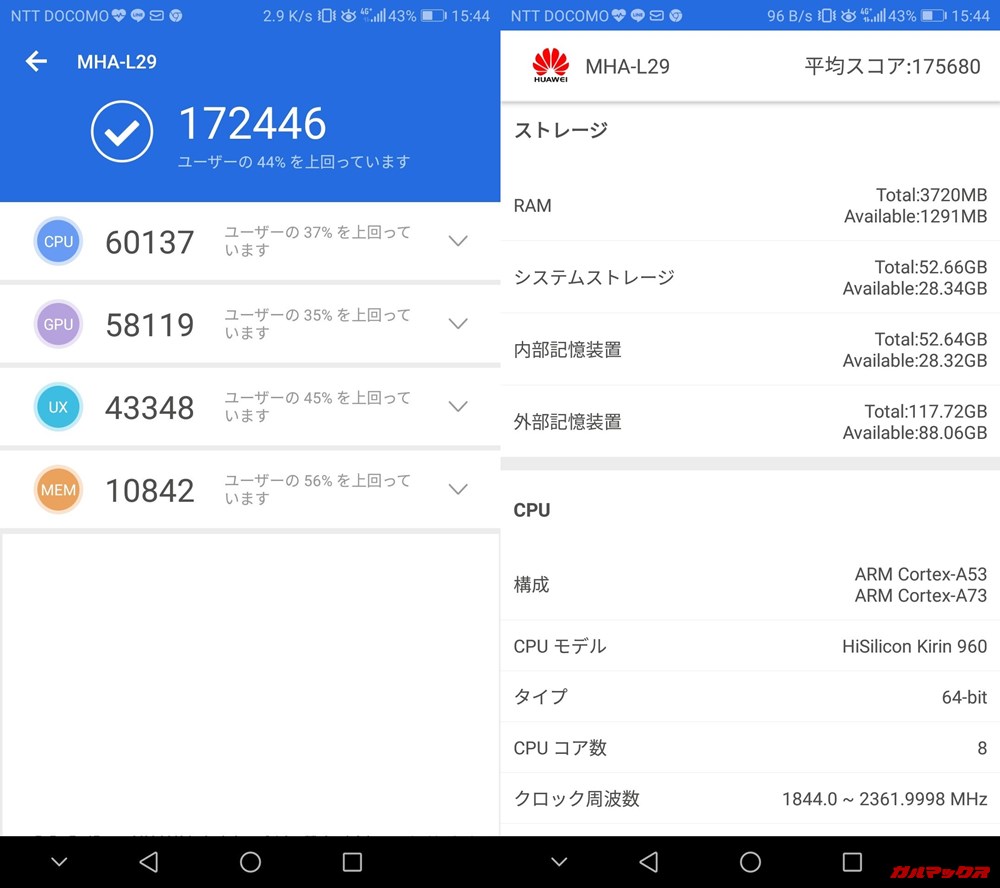 HUAWEI Mate 9（Android 8.0.0）実機AnTuTuベンチマークスコアは総合が172446点、3D性能が58119点。