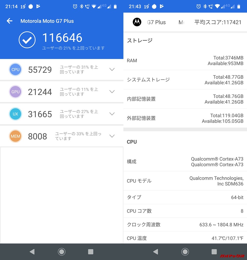 moto g7 PLUS（Android 9）実機AnTuTuベンチマークスコアは総合が116646点、3D性能が21244点。