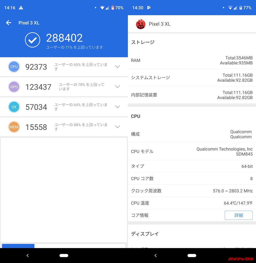 Pixel 3 XL（Android 9）実機AnTuTuベンチマークスコアは総合が288402点、3D性能が123437点。