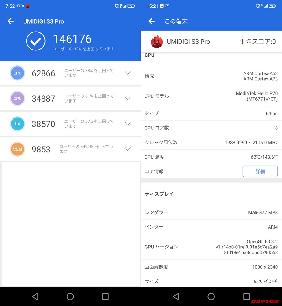 UMIDIGI S3 Pro（Android 9.0）実機AnTuTuベンチマークスコアは総合が146176点、3D性能が34887点。