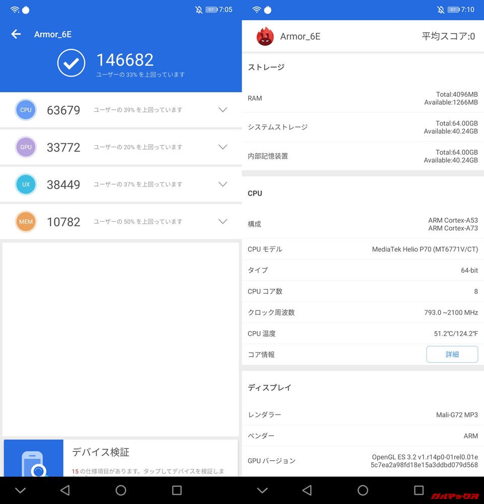 Ulefone Armor 6E実機AnTuTuベンチマークスコアは総合が146682点、3D性能が33772点。