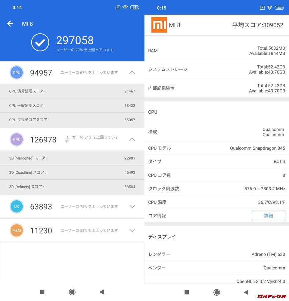 Xiaomi Mi 8/RAM6GB実機AnTuTuベンチマークスコアは総合が297058点、3D性能が126978点。