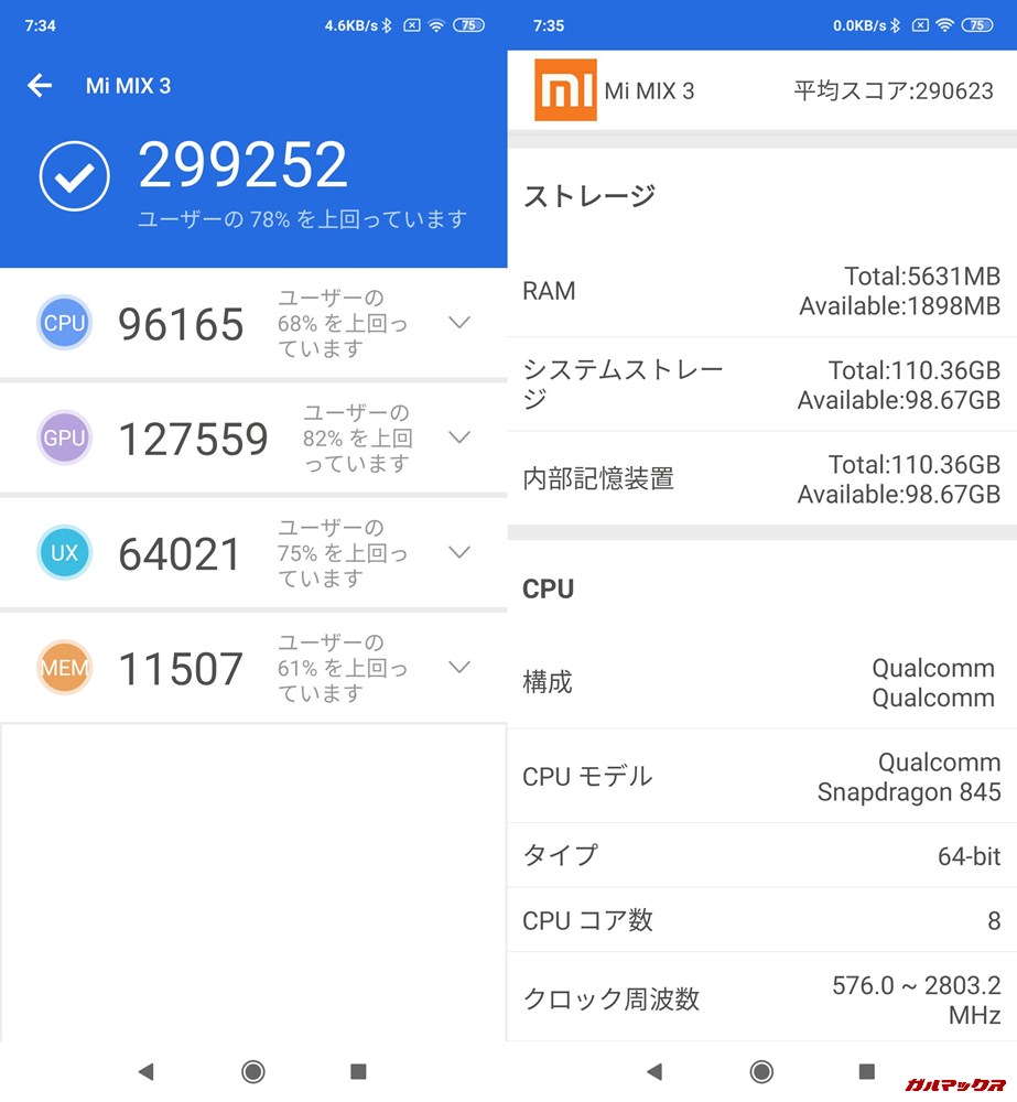 Xiaomi Mi MIX 3実機AnTuTuベンチマークスコアは総合が299252点、3D性能が127559点。