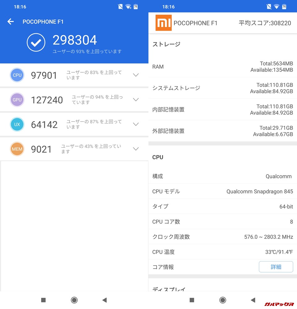 Xiaomi Poco F1/RAM6GB実機AnTuTuベンチマークスコアは総合が298304点、3D性能が127240点。