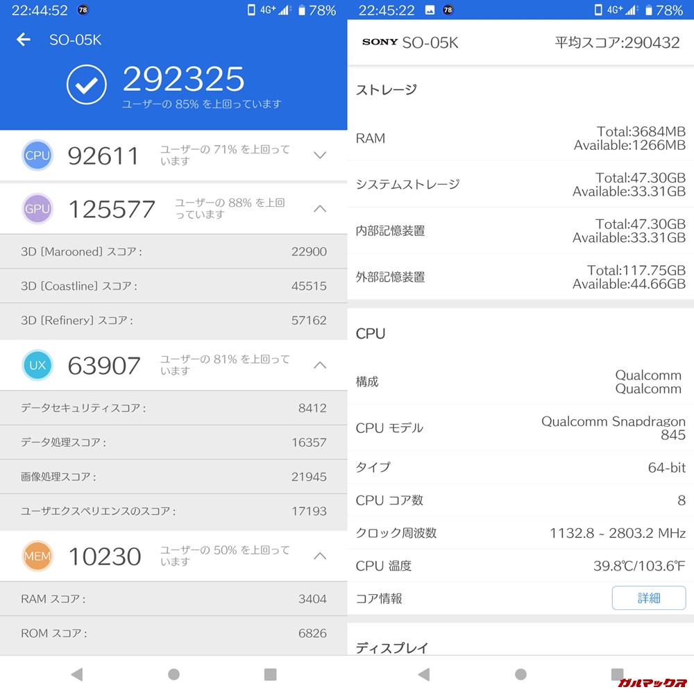 SONY Xperia XZ2 Compact（Android 9）実機AnTuTuベンチマークスコアは総合が292325点、3D性能が125577点。