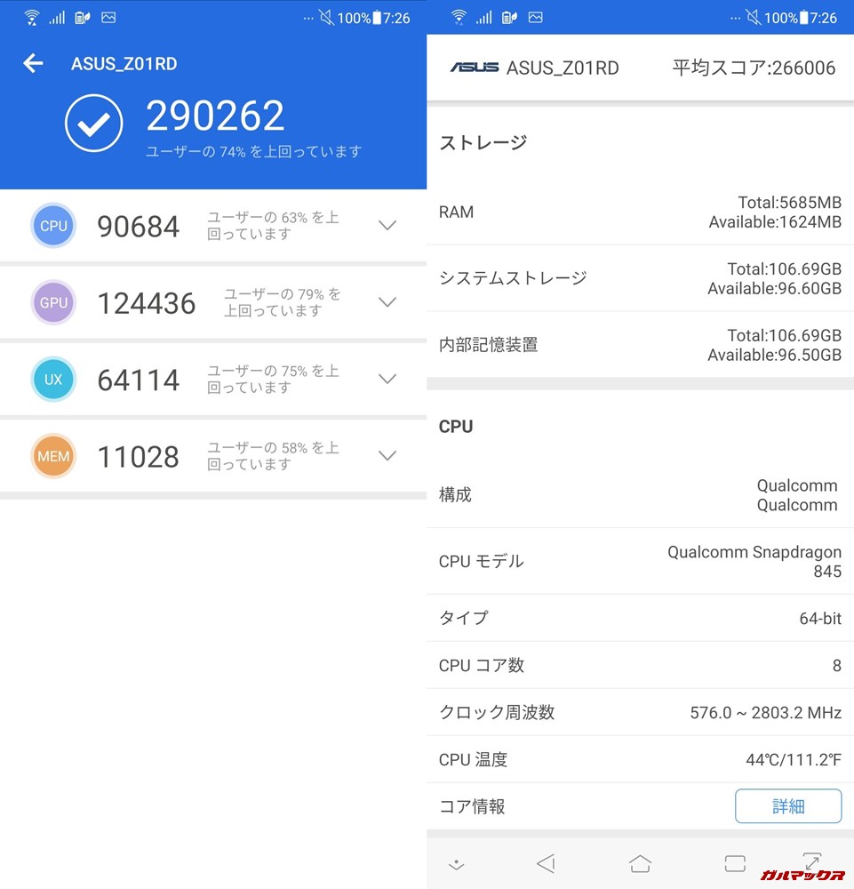 Zenfone 5Z（Android 9）実機AnTuTuベンチマークスコアは総合が290262点、3D性能が124436点。