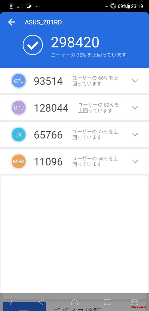 Zenfone 5Z（Android 9）実機AnTuTuベンチマークスコアは総合が298420点、3D性能が128044点。