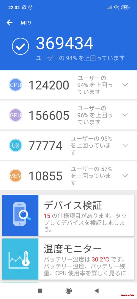 Xiaomi Mi 9実機AnTuTuベンチマークスコアは総合が369434点、3D性能が156605点。