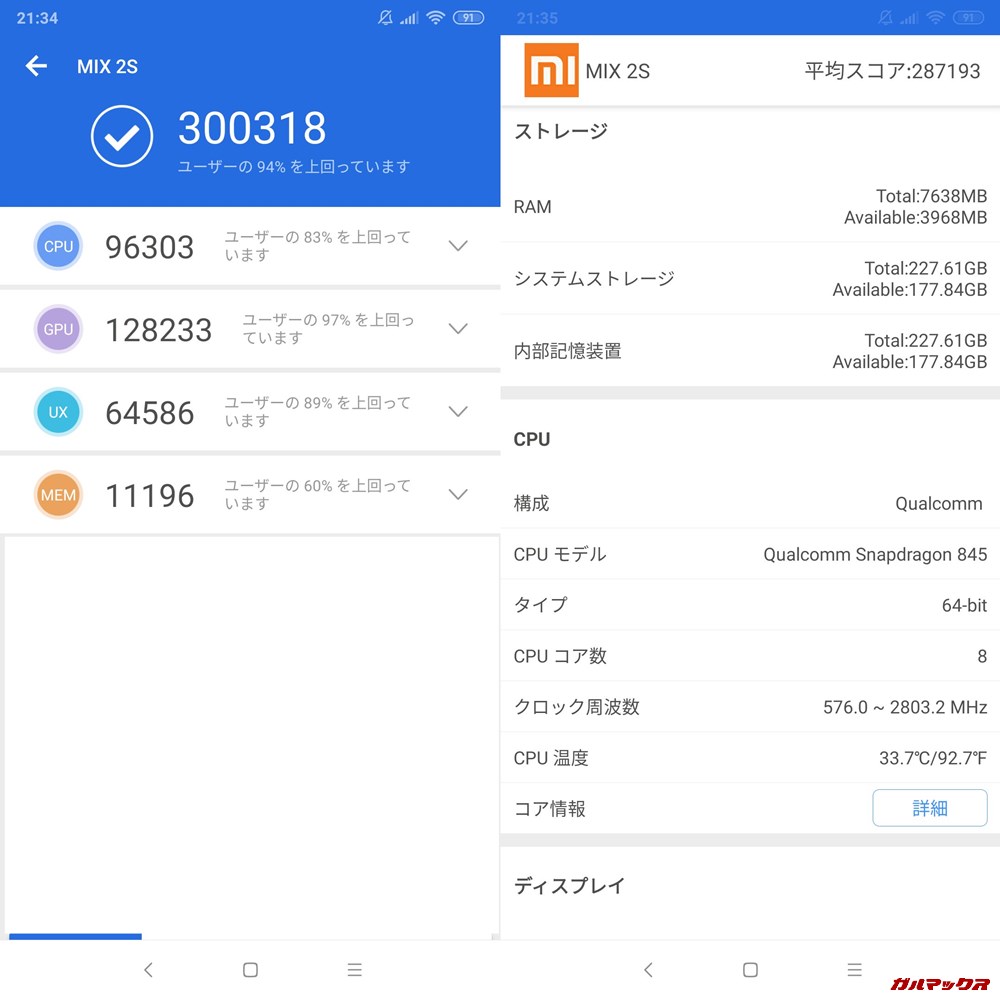 Xiaomi Mi MIX 2S実機AnTuTuベンチマークスコアは総合が300318点、3D性能が128233点。