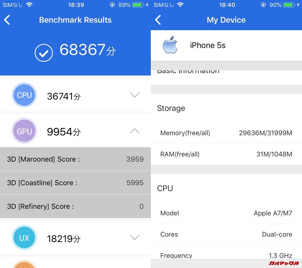 iPhone 5s（iOS12.1.2）実機AnTuTuベンチマークスコアは総合が68367点、3D性能が9954点。