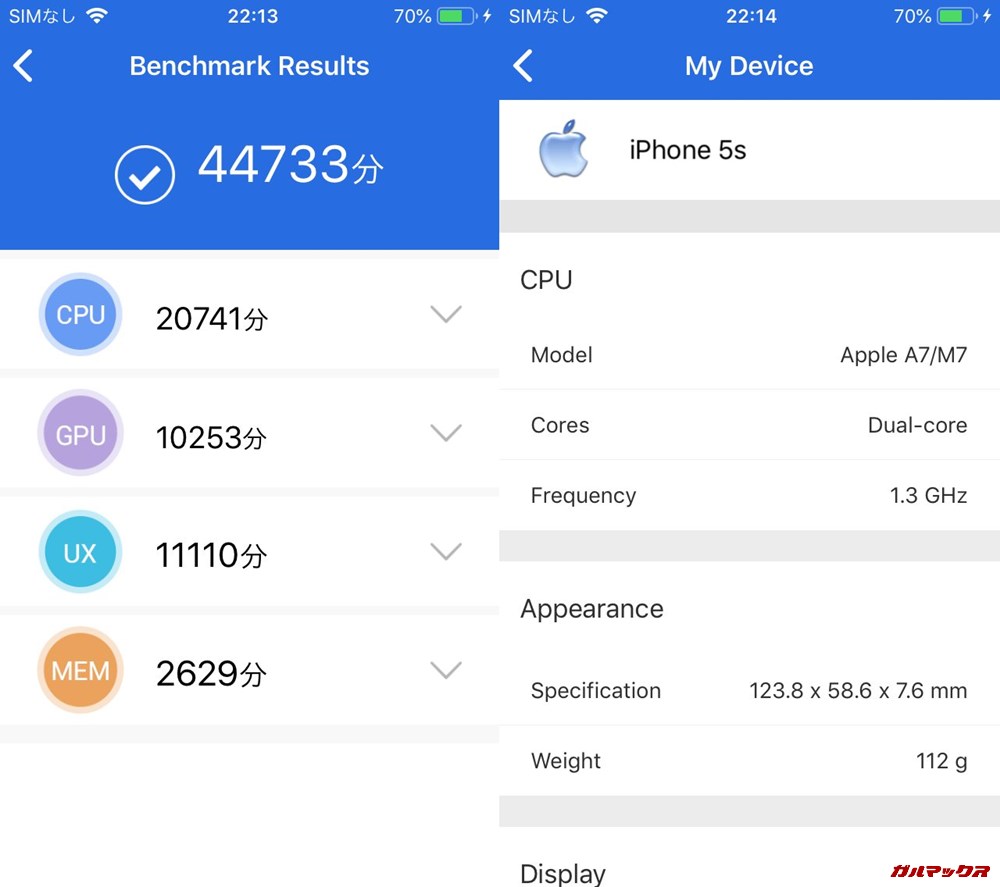 iPhone 5s（iOS12.3）実機AnTuTuベンチマークスコアは総合が44733点、3D性能が10253点。