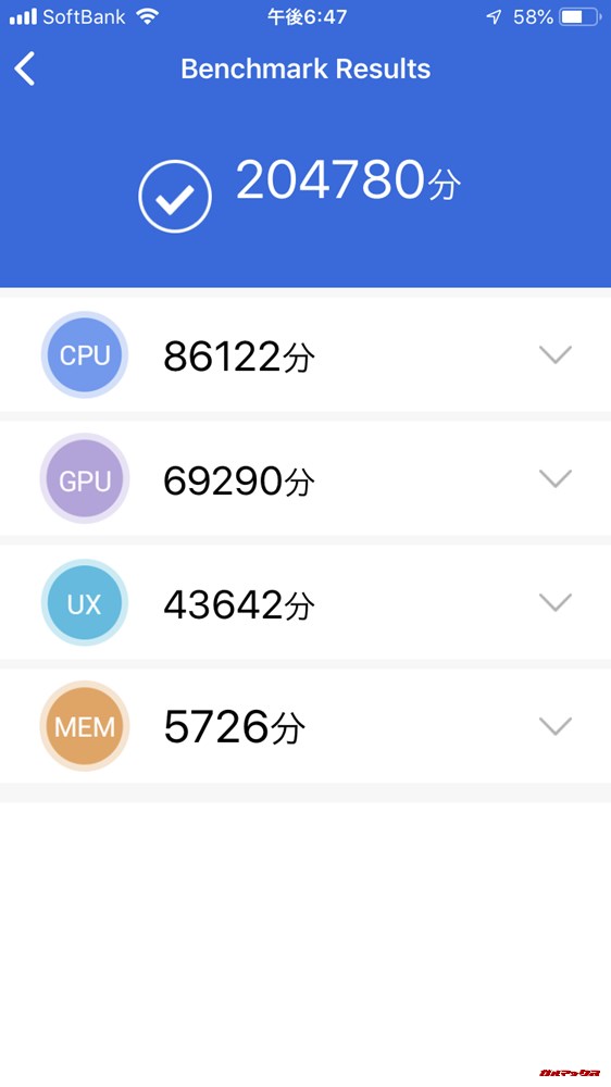 iPhone 7（iOS 12.1）実機AnTuTuベンチマークスコアは総合が204780点、3D性能が69290点。