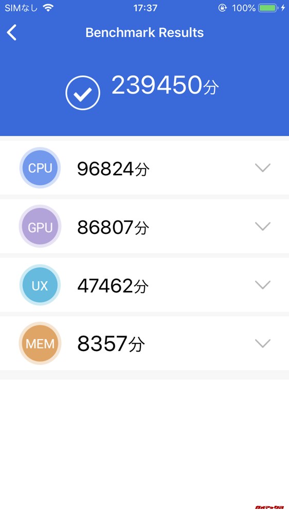 iPhone 8実機AnTuTuベンチマークスコアは総合が239450点、3D性能が86807点。