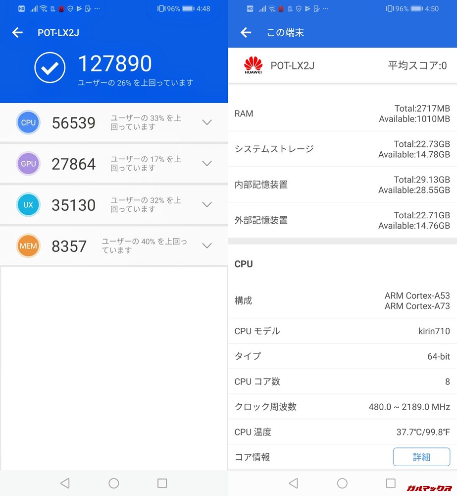 HUAWEI nova lite 3（Android 9 Pie）実機AnTuTuベンチマークスコアは総合が127890点、3D性能が27864点。