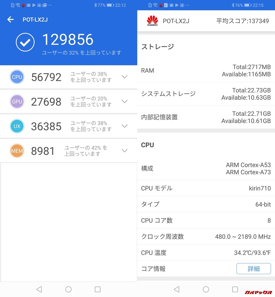 HUAWEI nova lite 3（Android 9 Pie）実機AnTuTuベンチマークスコアは総合が129856点、3D性能が27698点。