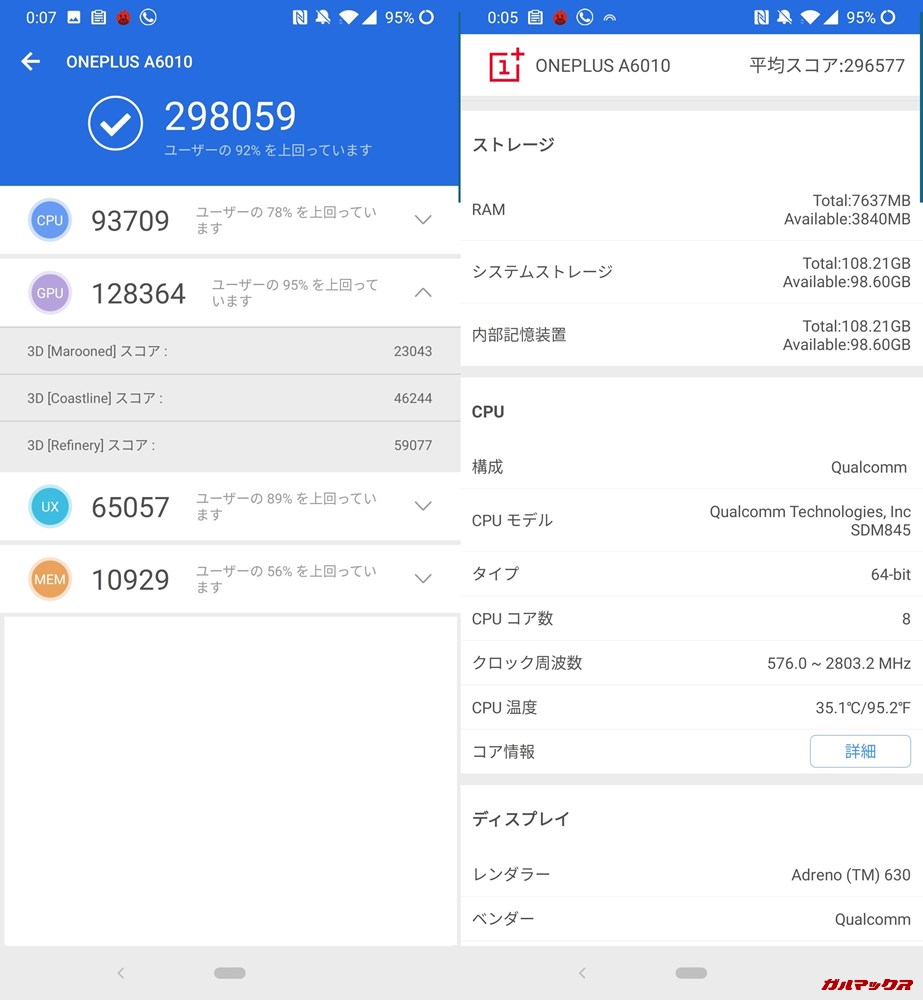 OnePlus 6T（Android 9）実機AnTuTuベンチマークスコアは総合が298059点、3D性能が128364点。